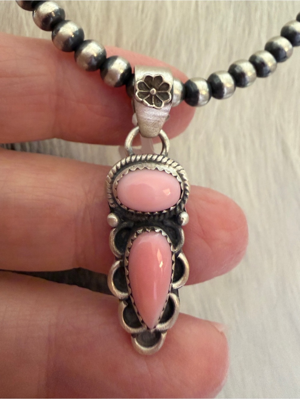 ❤️ Queen Pink Conch Navajo Style Matte Brushed 2 Stone Sterling Pendant 1.54”L